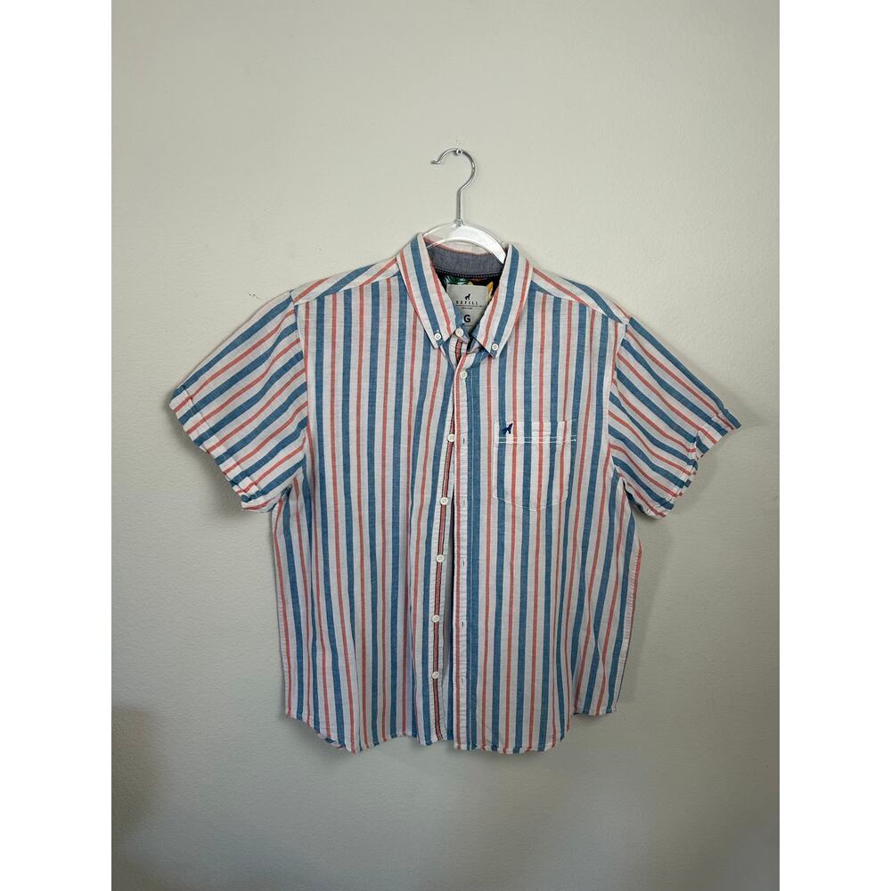 Refill Mens Blue Orange Striped Short Sleeve Button Down Shirt Size Large